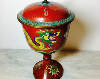 Chinese Enamel Cloisonne Red Chalice With Dragon