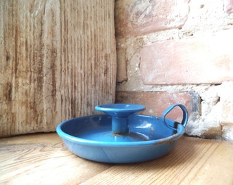 Antique Blue Enamel Candle Stick Holder with Loop Vintage Enamel Candle Holder Vintage French Enamelware Jewelry Dish Photography Props