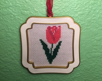 Handmade Pink Tulip Cross Stitch Wall Art - Ornament