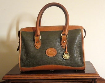 Vintage Dooney & Bourke Satchel In Green And Tan Pebbled All Weather Leather With Big Duck and Brass Logo - VGC Made in United States