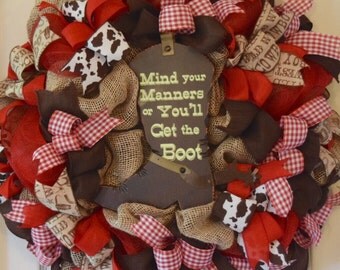 Cowboy Boot Burlap and Mesh Wreath; Country Decor; Country Western Decor Wreath with Horses Country Rustic Primitive Red Brown Decor Wreath