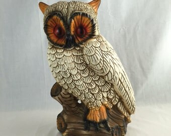 Large Vintage Ceramic Owl-Over 1 Foot Tall-Retro Home Decor-White Owl With Red Eyes Standing On Branch-Mid Century Ceramics
