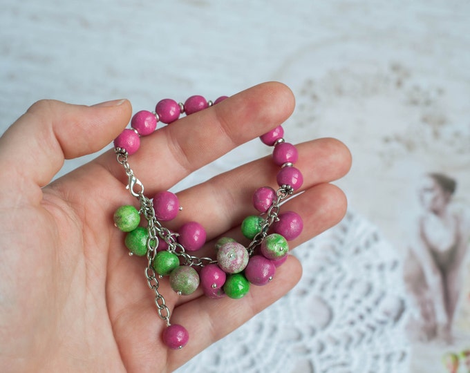 50% OFF SALE Pink beaded bracelet, Hot pink bracelet, Pink braclet, Bracelet pink, Pink green bracelet, Pink and green bracelet