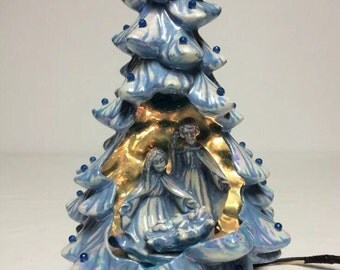 Ceramic Holland Mold Christmas Tree, Blue Ceramic Tree, Nativity Theme Christmas Decor, Light Up Ceramic Tree, Holy Family Theme Tree 12"