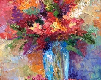 Colorful Flowers Blue Vase Original Oil Painting Textured Pallet Knife Wall Art Decor 8"X10"