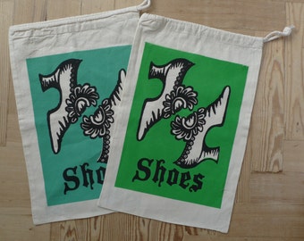 Shoe bag, hand screen printed cotton drawstring bag with Georgian buckle shoes