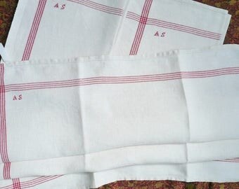 3 FRENCH VINTAGE TORCHONS, linen kitchen towels, tea towels, Dish Towels, Monogram A.S. 1920's