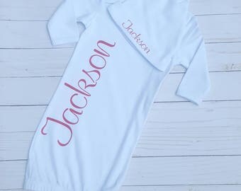 White Personalized baby gown- monogrammed gown and hat, gown with name, beanie hat, personalized baby outfit, baby shower gift, boy or girl