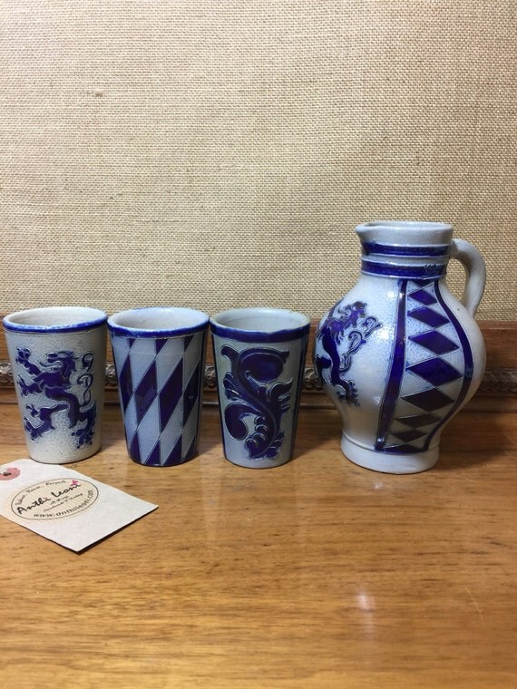 Vintage Reinh Merkelbach höhr Grenzhausen - German Salt Glaze Pottery Jug / Pitcher and 3 Beakers Set Circa 1940s in Blue Oriental Design