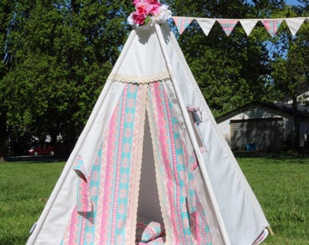 Alice Teepee Package with Poles, Mat and Flags, Kids Teepee, Play Tent, Childrens Teepee, Tipi, Playhouse, girl teepee,Kids Room Decor