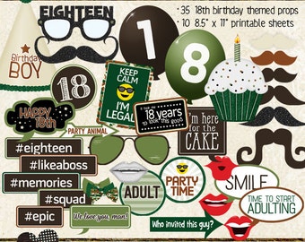 Photo Booth Props, HAPPY 18TH BIRTHDAY, boy, brown, green, camo, printable sheets, instant download, diy party