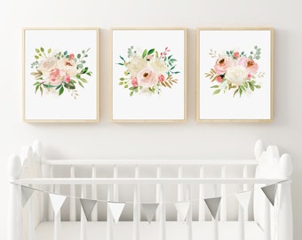 Floral Nursery, Watercolor Flowers, Set of 3 Prints, 11 x 14 inches, PRINTABLE ART, Watercolor Roses, Boho Nursery Decor, Peonies