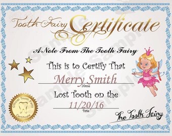 Tooth Fairy Certificate, Personalized Tooth Fairy Certificate, Lost Tooth, Kids Personalized Certificate, 17350