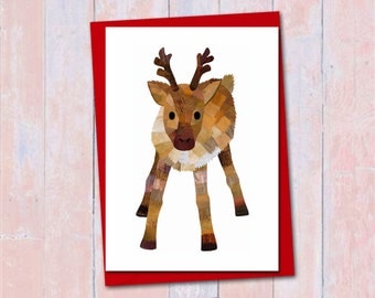 Reindeer Christmas card, Blank card, Christmas card, Cute reindeer card, Collage art print, Christmas animal card, Festive deer card