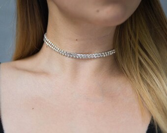 Dainty Diamond Choker / Rhinestone Choker / Silver Choker Necklace