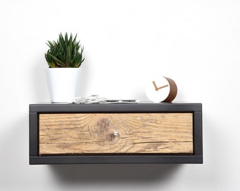 Bedside / Side table / Small side table floating with drawer in old wood scandinavian design / Nightstand gray stone in mid century modern