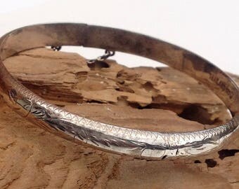 Sterling Silver Etched Hinged Bangle Bracelet, w/ Safety Chain