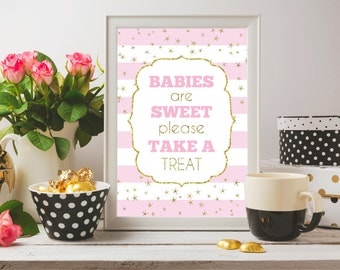 Babies Are Sweet Please Take A Treat, Baby Shower Party Favor Sign, Take A Favor Sign, Pink And Gold Baby Shower Sign, Girl Baby Shower
