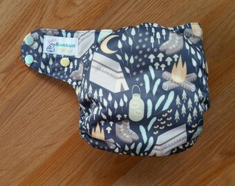 Moonlight Campout cloth diaper - AIO cloth diaper - hemp bamboo diaper - One size cloth diaper - newborn - Camping - fireflies - campfire