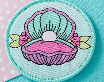 Mermaid Shell Iron On PATCH // tattoo art patch, patch game, clam shell, oyster patch // PT003