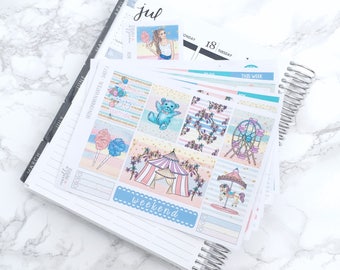 MATTE EC-V Carnival Wonders DELUXE Planner Sticker Kit (6 Sheets) & Free Bonus Box Girl Sticker - For Erin Condren Vertical Life Planner