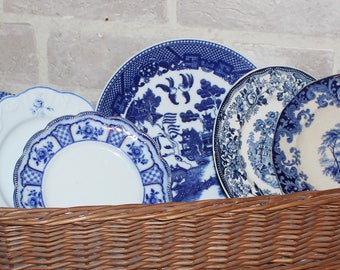 Blue and white transferware plate set for wall decor or mismatched dinnerware , Grindley, Columbia, Murata ,Blue Willow, Tonquin