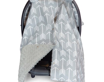 Carseat Canopy | Nursing Cover | Car Seat Canopy w/ Peekaboo Opening™- Arrow w/ Grey Dot Minky for Baby Boy or Girl | Breastfeeding Cover