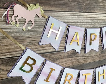 Unicorn Birthday Banner- Unicorn Happy Birthday Banner in Pastels- Pastel Watercolor Unicorn Banner- Unicorn Party Decor