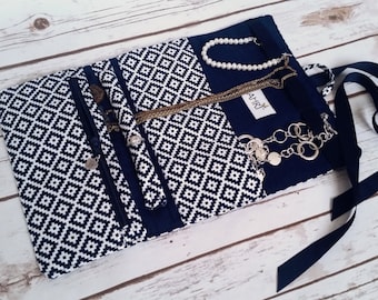 Navy Blue Azteca - Personalized Jewelry Travel Case, Jewelry Travel Roll, Jewelry Organizer, Jewelry Bag; Great for Weddings, Bridal Party