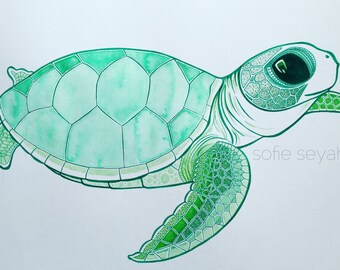 Green Sea Turtle Hatchling - Sofie Seyah Watercolour and Ink Nautical Illustration - Nursery Art - Art Print