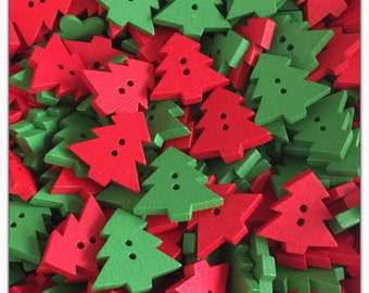 15 or 30 Christmas tree buttons, red and green wooden buttons, wood novelty buttons, scrapbooking, sewing crafts Christmas buttons 22mm 7/8"