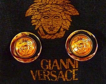GIANNI VERSACE Earrings, Iconic Medusa Head Clip on Earrings, Gold and Silver Tone, High Fashion Jewelry, Gift Idea