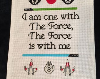 I Am One With the Force Star Wars cross stitch FINISHED ITEM, approx 8" x 10"