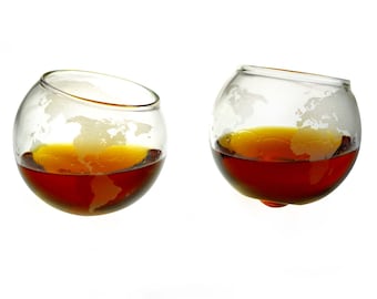 Etched Spinning/Rocking Globe Whiskey Glasses (Set of Two)