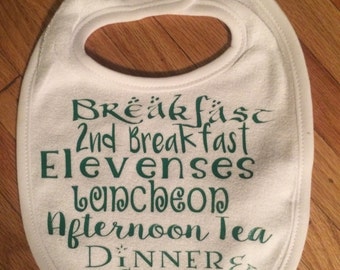 Cute Hobbit Inspired Bib- Breakfast, Elevensies, Afternoon Tea, Luncheon and More. Perfect Baby Nerdy Baby Gift for any fan of the Shire