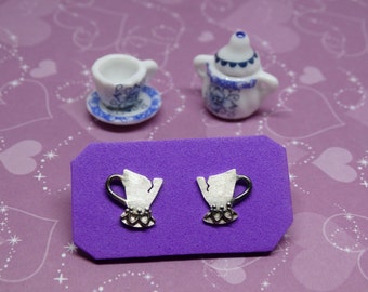 Silver beauty and the beast Stud Earrings, Silver cup stud earrings, Sterling silver earrings, Beauty and the beast earrings