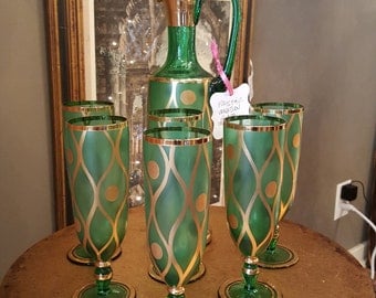 Green and Gold Pauly & C. Venetian Glass Decanter and 6 Glasses