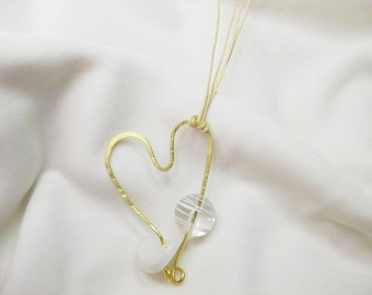 Handmade long heart necklace with bronze and synthetic stone