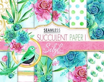 60% OFF SALE Digital Floral Paper, Watercolor Succulent Paper Pack I, Seamless Cactus Plant, Botanical Greenery, Desert Cacti, Aloe Vera