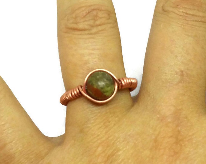 Unakite Copper Wrapped Ring, Heart Chakra Ring, Gemstone Jewelry, Copper Ring, Gifts for Her, Unique Birthday Gift