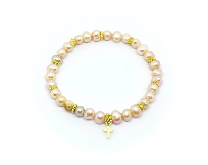 Child's Freshwater Pearl Gold Cross Bracelet, Children's Pearl Stretch Bracelet, First Communion Bracelet, Easter Jewelry