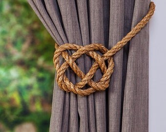 Large Manila Rope Celtic Heart Curtain Tie Backs / Rustic Ties / Rope Hold Backs / Shabby Chic Tie backs/ Window Treatment Curtain Ties