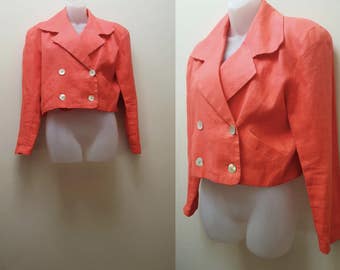 Vintage Cropped Jacket / 80s/90s Double Breasted Cropped Peach Linen Jacket