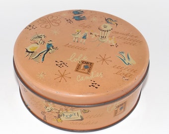 Loft Candies vintage cookie tin, peach color tin, candy tin,old fashioned cooke tin,fancy cookie tin,small cookie tin,round cookie tin