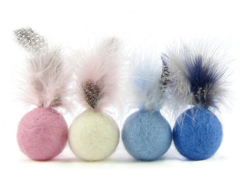 Felted wool feather ball cat toys in pastel colours