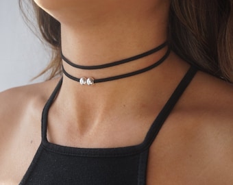 Double Suede Choker, Black Choker Necklace, Dainty Choker Necklace, Black Necklace Dainty, Dainty Silver Satellite Chain, Silver Bead Choker
