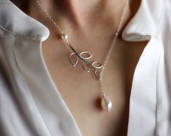 Lariat Branch Pear-Shaped Pearl Personalize Leaf Necklace, Elegant Modern Lariat Y White Pearl Branch Leaf -Wedding Jewelry BL201- N28