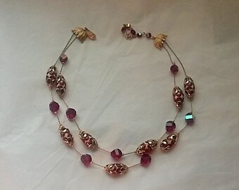 Vintage Vendome Ruby Red Glass Bead Necklace, Gold Trim