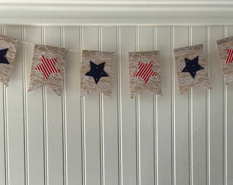 Patriotic bunting, 4th of july banner, 4th of july decor, burlap banners, red, white and blue banners, buntings, stars banner, star decor,