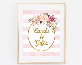 Printable Baby Shower Sign, Cards And Gifts Printable, Party Gift Table Sign, Printable, Gold pink Bridal Shower Gift table printable shower